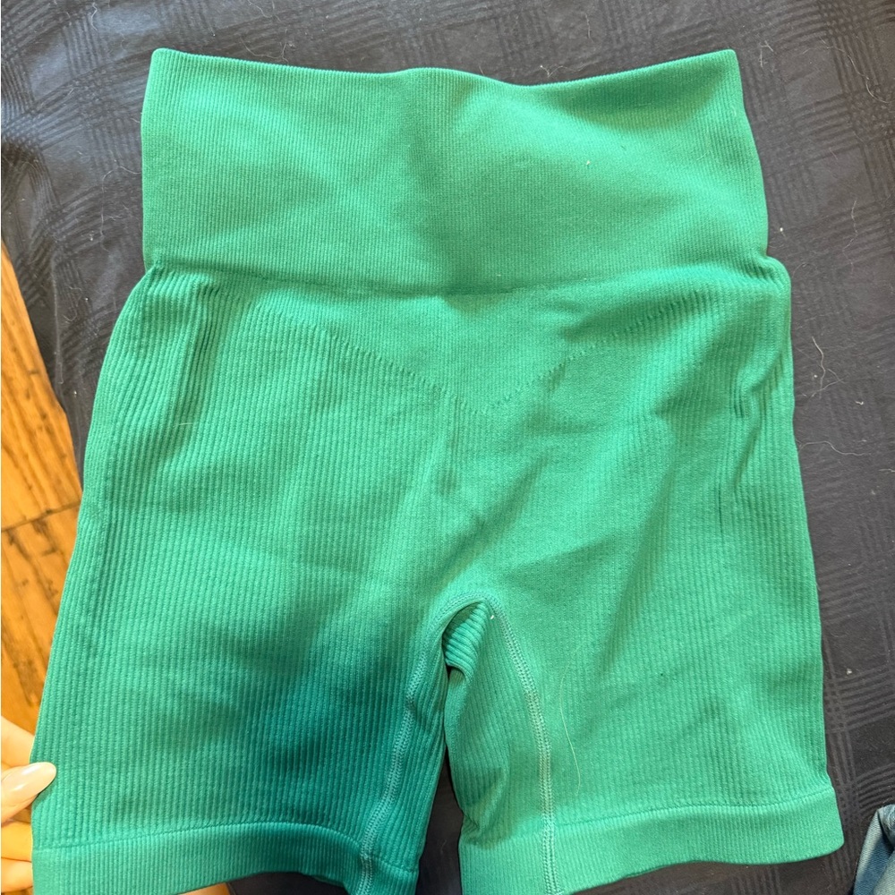 Green High-Waisted Ribbed Biker Shorts